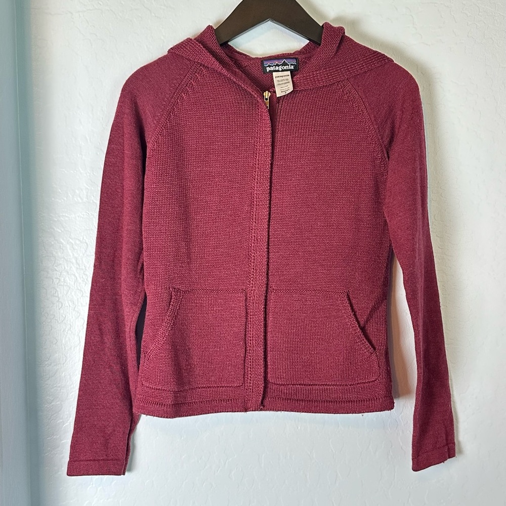 Patagonia 100% Merino Wool Full Zip Hooded Sweater Maroon Size Small